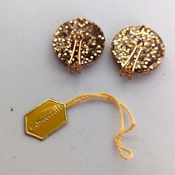 Vintage Retro Castlecraft Handmade Rolled Gold Chunky Glitter Clip On Earrings - Picture 5 of 7